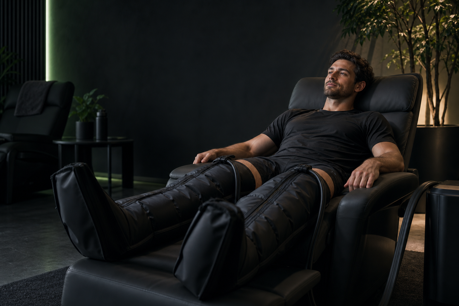 Atleta relaxando em uma poltrona com botas de compressão